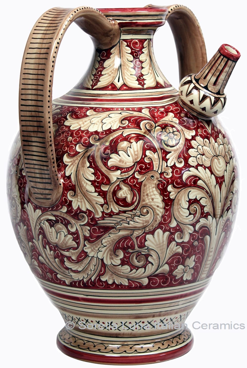 Ceramic Majolica Pitcher Handle Red Doves Birds FD 45
