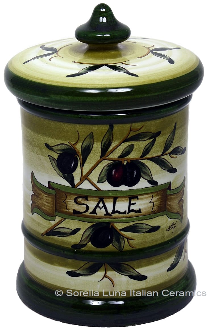 Ceramic Majolica Salt Jar Tuscan Green Olive 20cm