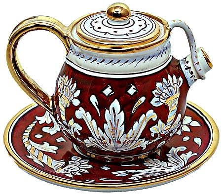 Ceramic Majolica Tea Coffee Pot Saucer Red Gold Leaf 12