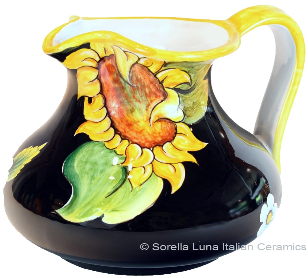 Ceramic Majolica Pitcher - Black Sunflowers