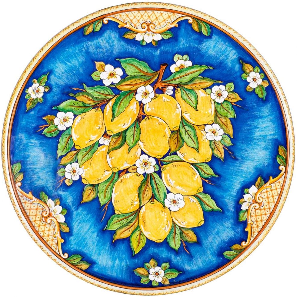 Medium Low Round Volcanic Table  - Lemons on Turquoise